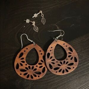 Wooden Teardrop and Rose Gold Leaf Earrings